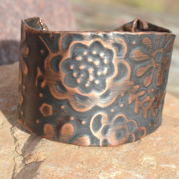 Floral Embossed Wide Cuff Bracelet Pure Solid Copper Patina Flowers Handmade - Picture 6 of 11